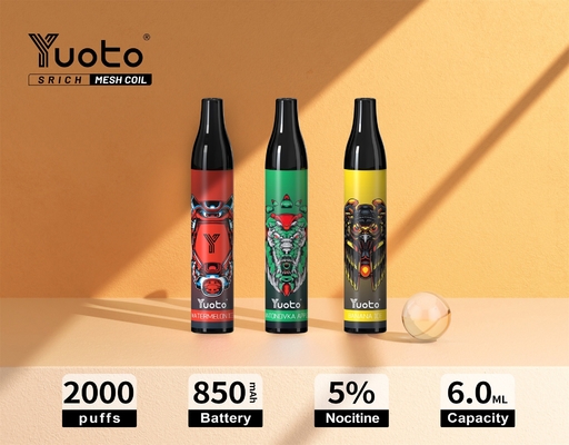 Oryginalny Yuoto 2000 Puffs Vape Jednorazowy vape Mesh Cewka 6 ml E Sok 850 mAh E-papierosy Vape Pen