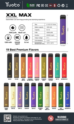 ODM Yuoto 3500 Puffs Vape Bar 16 Mixed Flavour ROHS 1200mAh Bateria 9ml E Juice