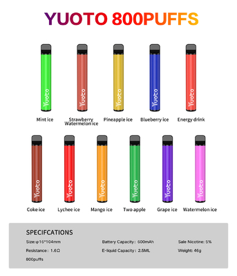 Yuoto 800 Puffs Vape z 11 smakami Oryginalna powierzchnia 2,5 ml pojemności soku